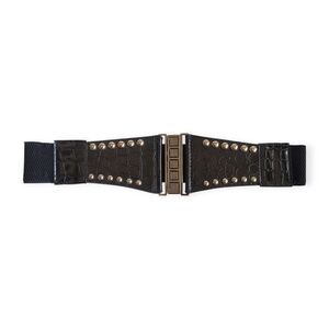 Crocodile Pattern Waist Belt with Studs Elastic Black Large